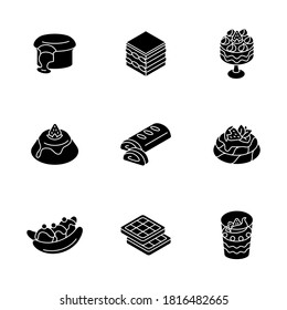 Traditional desserts black glyph icons set on white space. European cuisine. Italian and French sweets. Pavlova. Apple strudel. Belgian waffles. Silhouette symbols. Vector isolated illustration