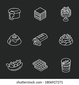 Traditional desserts chalk white icons set on black background. European cuisine. Italian and French sweets. Pavlova. Apple strudel. Belgian waffles. Parfait. Isolated vector chalkboard illustrations