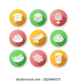 Traditional desserts flat design long shadow glyph icons set. European cuisine. Italian and French sweets. Pavlova. Apple strudel. Belgian waffles. Silhouette RGB color illustration