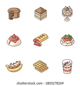 Traditional desserts RGB color icons set. Austrian apple strudel. Chocolate lava cake. Brussels, Belgian waffles. Classic Tiramisu. Authentic European sweet food. Isolated vector illustrations