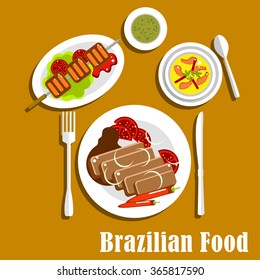 Traditional dinner of brazilian cuisine with feijoada stew with pork and beans, served with fresh tomatoes and chilli pepper, grilled picanha on lettuce, creamy pumpkin soup with shrimps and mate tea