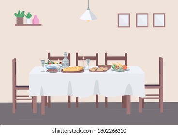 Traditional dinner at home flat color vector illustration. Dining at table and chair in house. Jewish meal with food and wine. Household 2D cartoon interior with wall on background