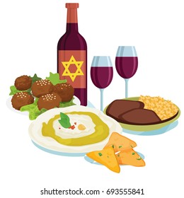 Traditional dinner for Jewish New Year Holiday Rosh Hashahah. Vector illustration, elements for your design