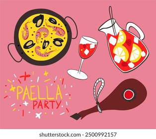 Cena tradicional en España, sangría en una jarra con fruta, paella de mariscos, platos nacionales de jamón y bebidas. Cena mediterránea. Conjunto de Ilustración vectorial de Elementos en estilo doodle dibujado a mano