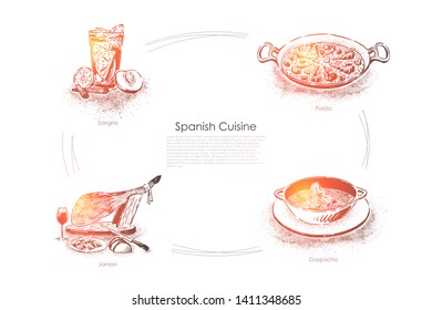 Traditional dinner in Spain, sangria, paella, jamon and gazpacho, national food and drinks banner