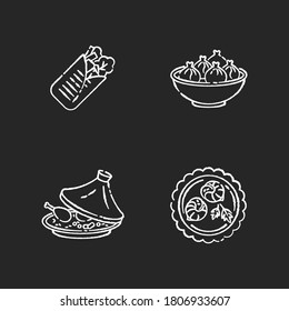 Traditional dish chalk white icons set on black background. Shawarma from eastern cuisine. Asian dish. Chinese dumpling. Escargot de bourgogne. Isolated vector chalkboard illustrations