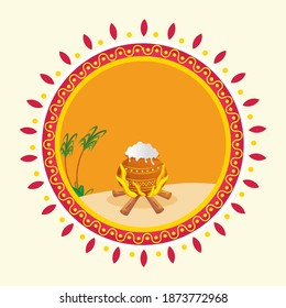 Traditional Dish Cooking In Mud Pot With Bonfire, Sugarcane On Yellow Mandala Pattern Background.