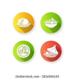 Traditional dish flat design long shadow glyph icons set. Scottish haggis. Oriental khinkali. Asian dish. Chinese dumpling. Escargot de bourgogne. Tagine in crockery. Silhouette RGB color illustration