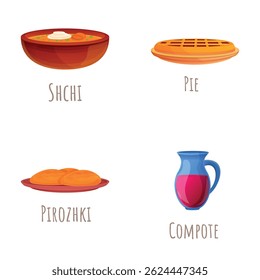 Traditional dish icons set cartoon vector. Various russian dish. Russian food