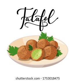 Traditional dish of Jewish cuisine Falafel. Vegetarian food on beige plate. Black ink hand lettering. Isolated on white background.