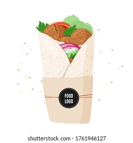 Traditional dish of Jewish cuisine Falafel pita roll. Vegetarian food, vegetable wrap with black sample logo sticker. Isolated on white background.