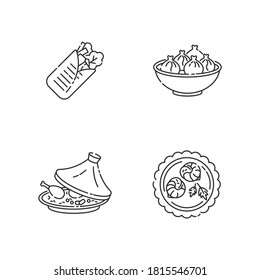 Traditional dish pixel perfect linear icons set. Shawarma from eastern cuisine. Oriental khinkali. Customizable thin line contour symbols. Isolated vector outline illustrations. Editable stroke