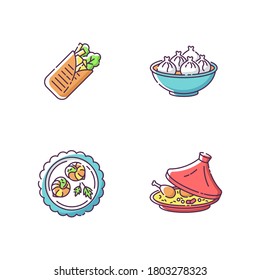 Traditional dish RGB color icons set. Shawarma from eastern cuisine. Oriental khinkali. Asian dish. Chinese dumpling. Escargot de bourgogne. Tagine in crockery. Isolated vector illustrations