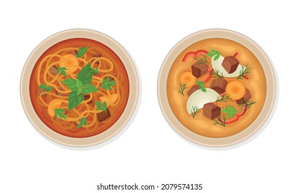 Traditional Dish of Uzbek Cuisine with Noodle Soup and Meat Thick Stew Served on Plate Above View Vector Set