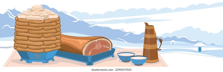 Traditional dishes for the celebration of the Mongolian New Year - Tsagaan Sar. Pies and cottage cheese. Roasted sheep's groats and milk tea against the backdrop of a winter landscape. Vector.