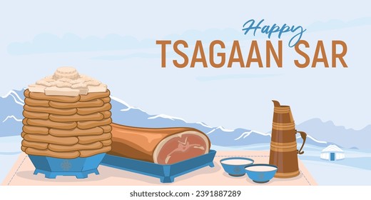 Platos tradicionales para la celebración del Año Nuevo mongol - Tsagaan Sar. Llanto y queso de cabaña. Granos de oveja asados y té de leche en el telón de fondo de un paisaje invernal. Vector.