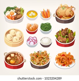 Traditional dishes of Korean cuisine every tourist should try while traveling in South Korea. Best meals in eastern classic kitchen. Isolated vector illustrations