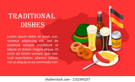 Traditional dishes on Oktoberfest beer party banner concept. Isometric illustration of Traditional dishes on Oktoberfest beer party vector banner for web