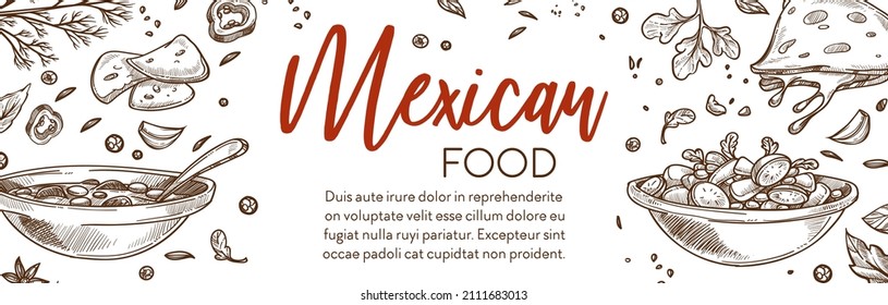 Traditional dishes, salads and wraps, mexican food menu with recipe and drawn plates with samples of meal. Advertisement poster of restaurant or cafe, monochrome sketch outline. Vector in flat