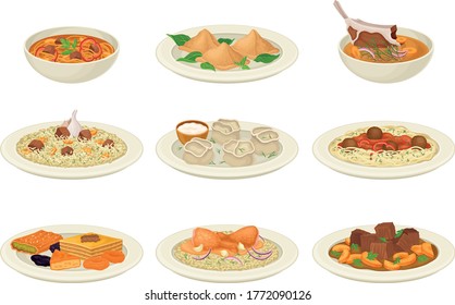 Traditional Dishes of Uzbek Cuisine with Pilaf and Lagman Side View Vector Set