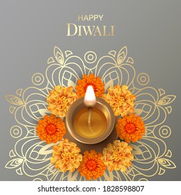 Traditional Diwali festival background with burning diya lamp and marigold flowers. 3D vector illustration