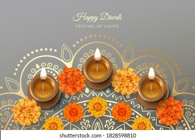 Traditional Diwali festival background with burning diya lamp and marigold flowers. 3D vector illustration