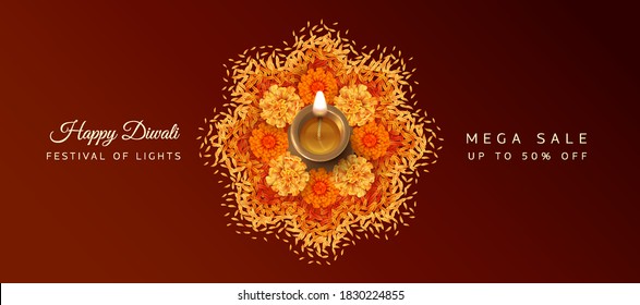 Traditional Diwali festival banner with diwali oil lamp, marigold flowers and rangoli ornament formed of marigold flowers and petals. 3D vector illustration