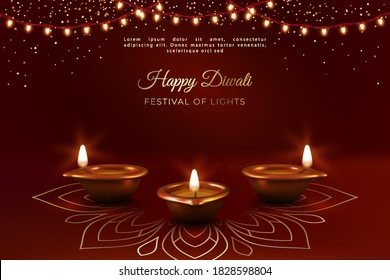 Traditional Diwali Festival banner. Realistic Diya lamps, garland of light bulbs and decorations on a dark background. 3D vector illustration
