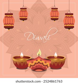 Traditional diwali festival card with candles and lanterns.Social media template.Vector illustration