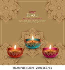 Tarjeta tradicional del festival de Diwali con las lámparas de Diya y el ornamento del rangoli