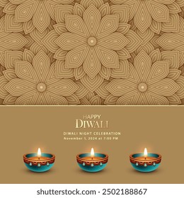 Traditional Diwali Festival card with Diya lamps and rangoli ornament