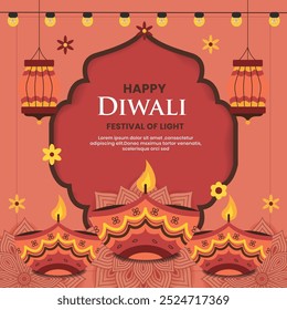 Traditional diwali festival card with diya lamp,candles ,lanterns and flowers.Social media template.Vector illustration