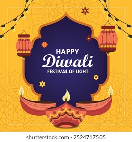 Traditional diwali festival card with diya lamp,candles ,lanterns and flowers.Social media template.Vector illustration