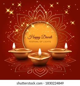 Traditional Diwali Festival card. Realistic Diya lamps. 3D vector illustration