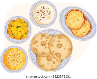 Traditional Diwali Food Top View. Puries, Malpua, Kheer\Payasam, Potato Curry and Suji Halwa. Indian Cuisine Detailed Illustration 
