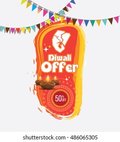 Traditional Diwali Offer Banner Design Template with Lord Ganesha, Lamps & Chain Flags - Abstract Diwali Festival Offer Banner Design with 50% Discount Tag