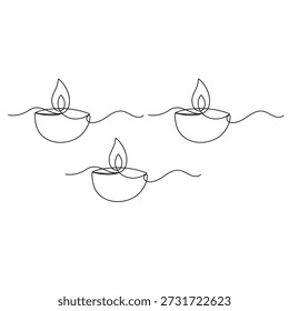 Desenho contínuo de uma linha da lâmpada tradicional Diya isolado no branco