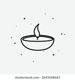 Traditional Diya Lamp with Flame and Scattered Stars on Light Background, Representing Festivals or Spirituality, White Outline Icon