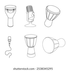 Tambor tradicional de Ilustración vectorial de contorno de tambor Djembe, un instrumento de percusión africano clásico conocido por su profundidad. Perfecto para proyectos relacionados con la música, el patrimonio africano, el ritmo, los festivales.