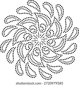 Traditional Dotted Anticlockwise Rotating Design With Central Floral Element and Peripheral Drop Elements. Arabic Indian Ethnic Vector. Diwali Rangoli Illustration. Can Be Used For Fabric, Embroidery, Cushion, Card, Cover, Carpet, Decoration or To Create Repetitive Patterns.