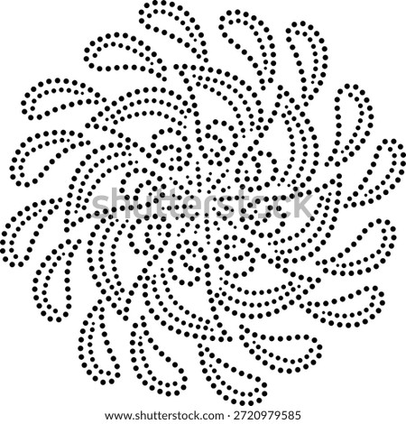 Traditional Dotted Anticlockwise Rotating Design With Central Floral Element and Peripheral Drop Elements. Arabic Indian Ethnic Vector. Diwali Rangoli Illustration. Can Be Used For Fabric, Embroidery, Cushion, Card, Cover, Carpet, Decoration or To Create Repetitive Patterns.