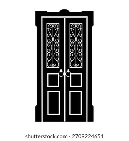 Ilustração tradicional do vetor da silhueta da porta dupla: painéis de vidro ornamentados com inserções decorativas da rolagem