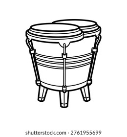 Traditional double-headed drum with wooden frame and metal hoops resting on three legs
