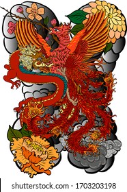 Traditional dragon battle with Phoenix for tattoo design.Chinese dragon for painting on wallpaper background.Hand drawn Japanese tattoo design with flower and wave for printing on jacket.Peony flower.