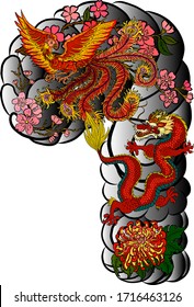 Traditional dragon battle with Phoenix for tattoo design.Chinese dragon for painting on wallpaper background.Hand drawn Japanese tattoo design with flower and wave for printing on jacket.Peony flower.