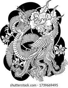 Traditional dragon battle with Phoenix for tattoo design.Chinese dragon for painting on wallpaper background.Hand drawn Japanese tattoo design with flower and wave for printing on jacket.Peony flower.