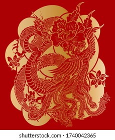 Traditional dragon battle with Phoenix for tattoo design.Chinese dragon for painting on wallpaper background.Hand drawn Japanese tattoo design with flower and wave for printing on jacket.Peony flower.