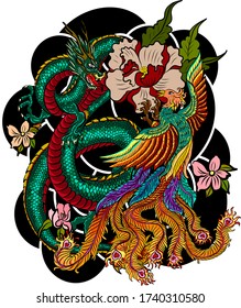 Traditional dragon battle with Phoenix for tattoo design.Chinese dragon for painting on wallpaper background.Hand drawn Japanese tattoo design with flower and wave for printing on jacket.Peony flower.