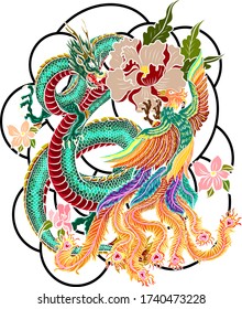 Traditional dragon battle with Phoenix for tattoo design.Chinese dragon for painting on wallpaper background.Hand drawn Japanese tattoo design with flower and wave for printing on jacket.Peony flower.