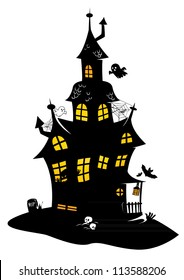 Traditional drawing of black halloween manor with monsters, bats and ghosts